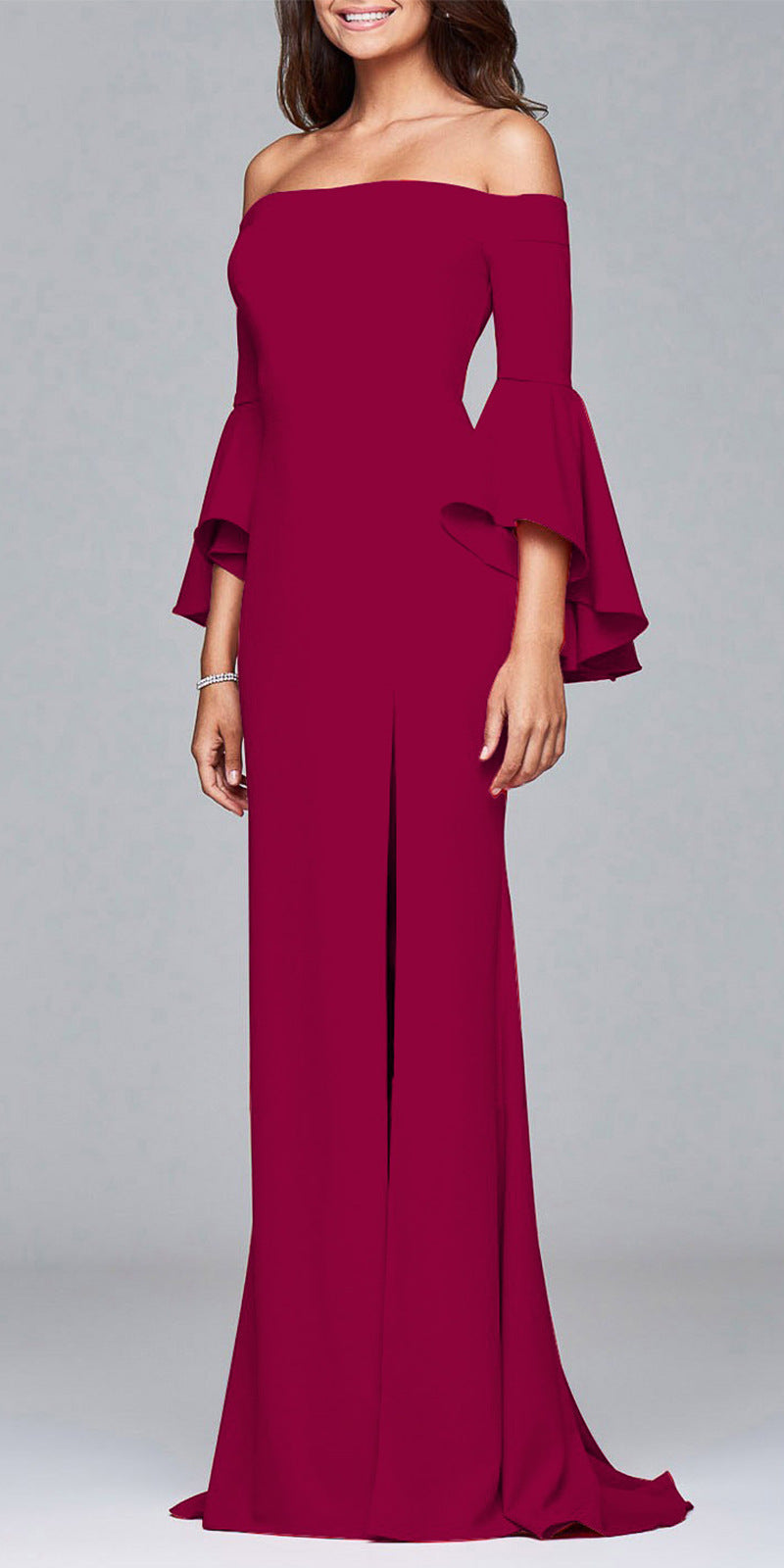 Solid Color Off Shoulder Split Evening Maxi Dress