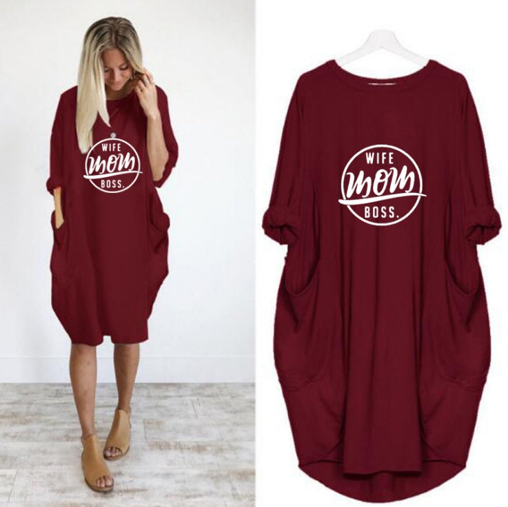 Casual loose pocket long sleeve print dress