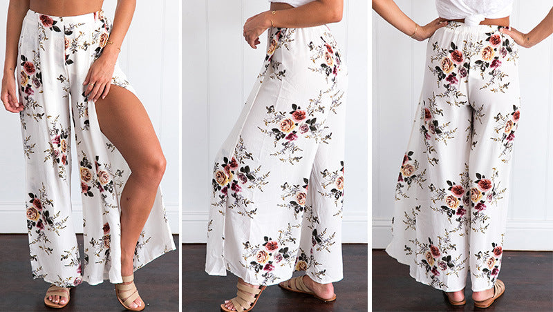 Summer large size women's European and American chiffon printing split loose wide leg pants casual pants