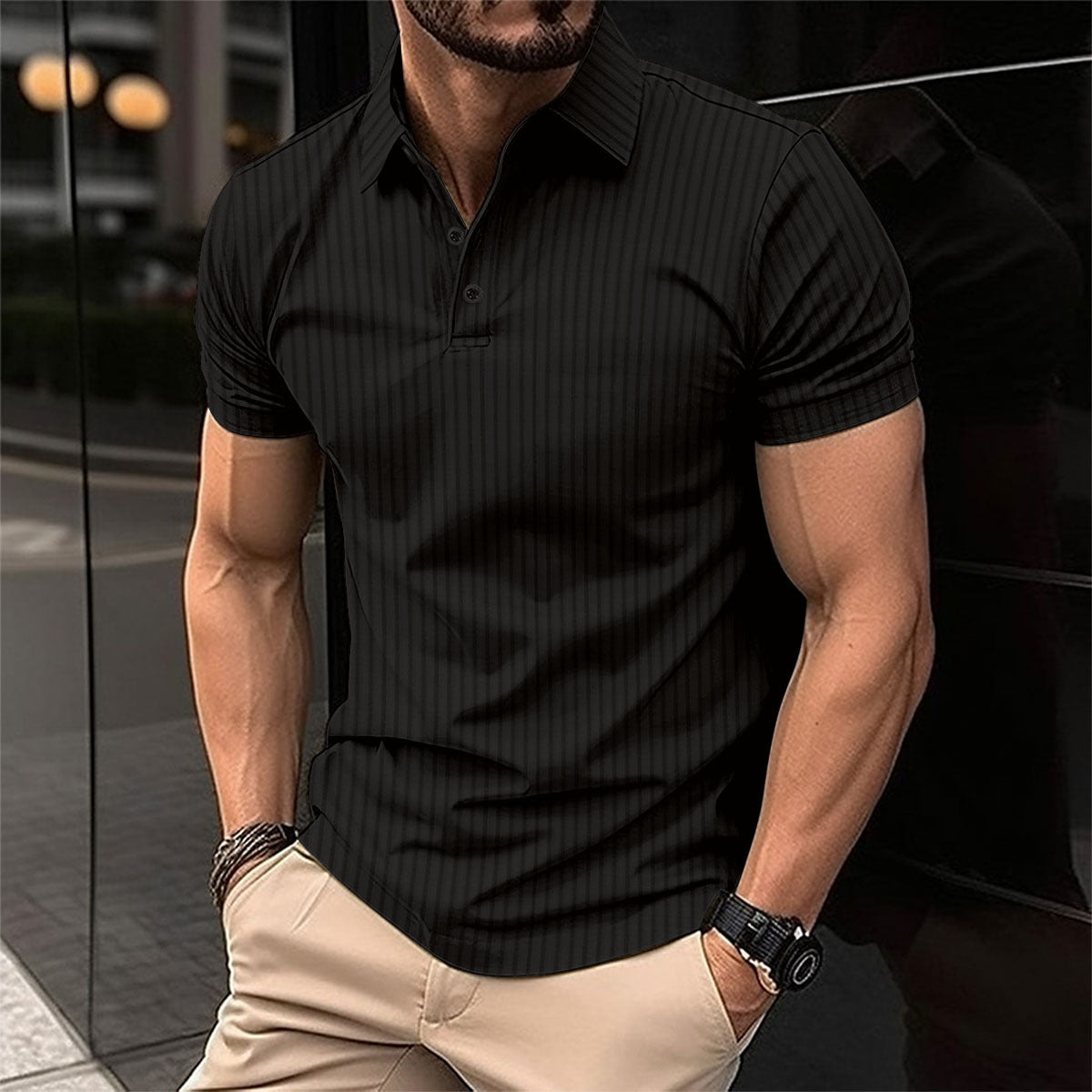 Elastic Vertical Short-sleeved Polo Shirt