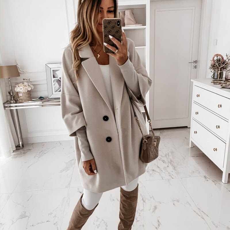 Autumn Winter Women Coats 2XL Plus Long Wool Size Warm Elegant Vintage women Coat khaki Jacket