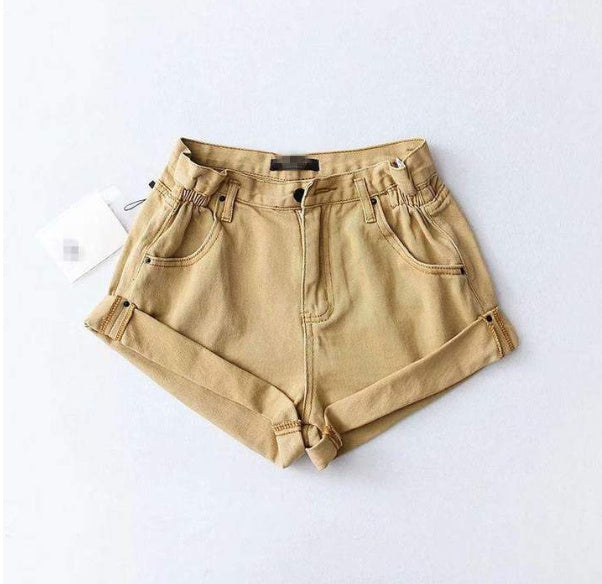 High waist denim shorts female elastic waist waist cuff wide leg pants shorts loose new retro Korean version