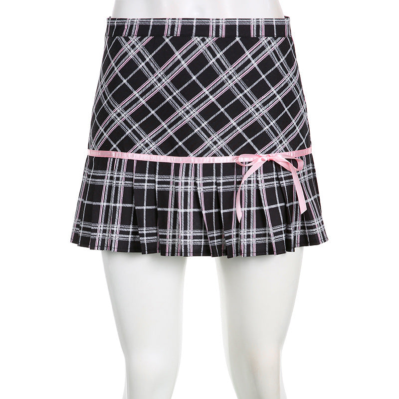 Low Waist Plaid Retro Pleated Skirt Women's