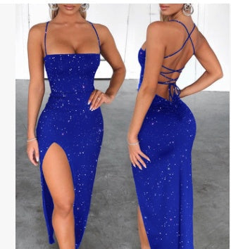 Women Backless High Split Maxi Party Dress Solid Color Spaghetti Strap Bandage Slit Long Dress