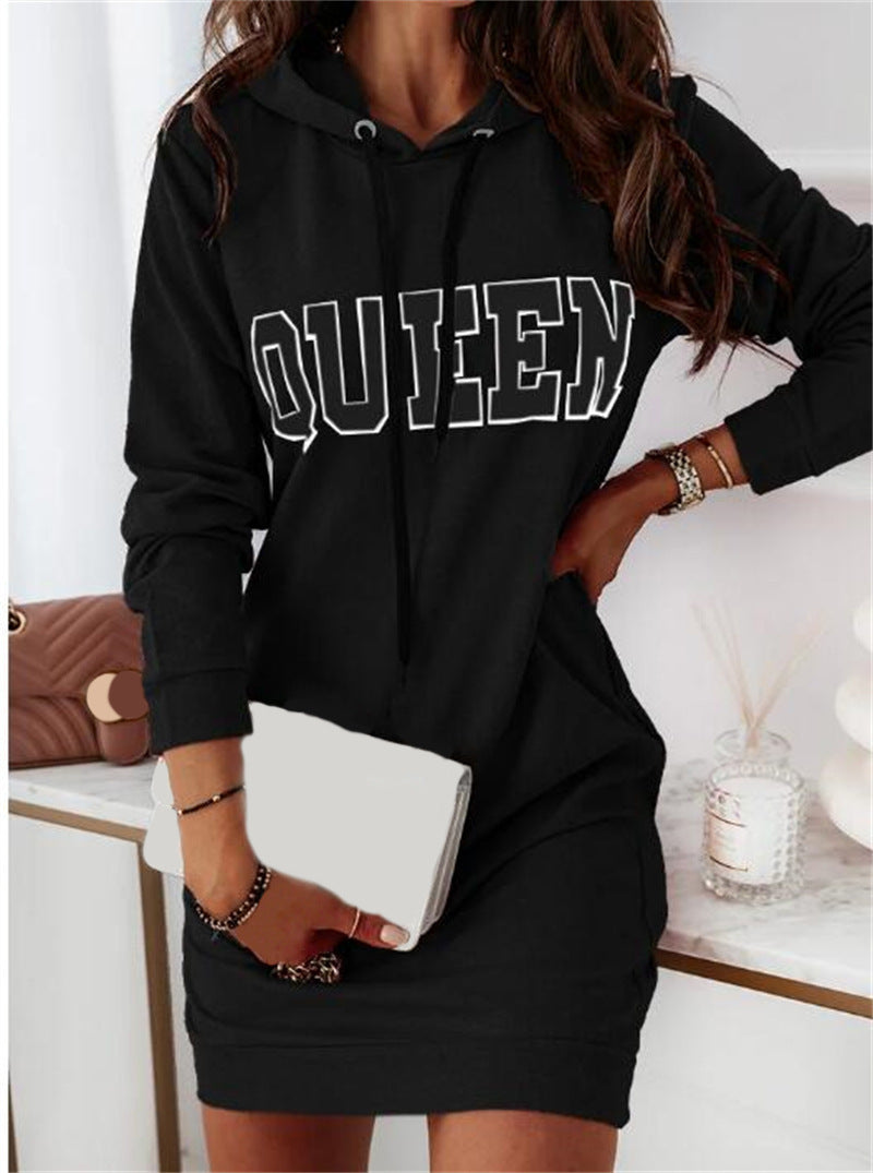 Long Sleeve Hooded Letter Sports Casual Dress