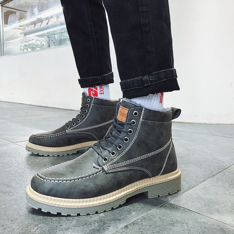 Casual thick-soled lace-up retro work boots men