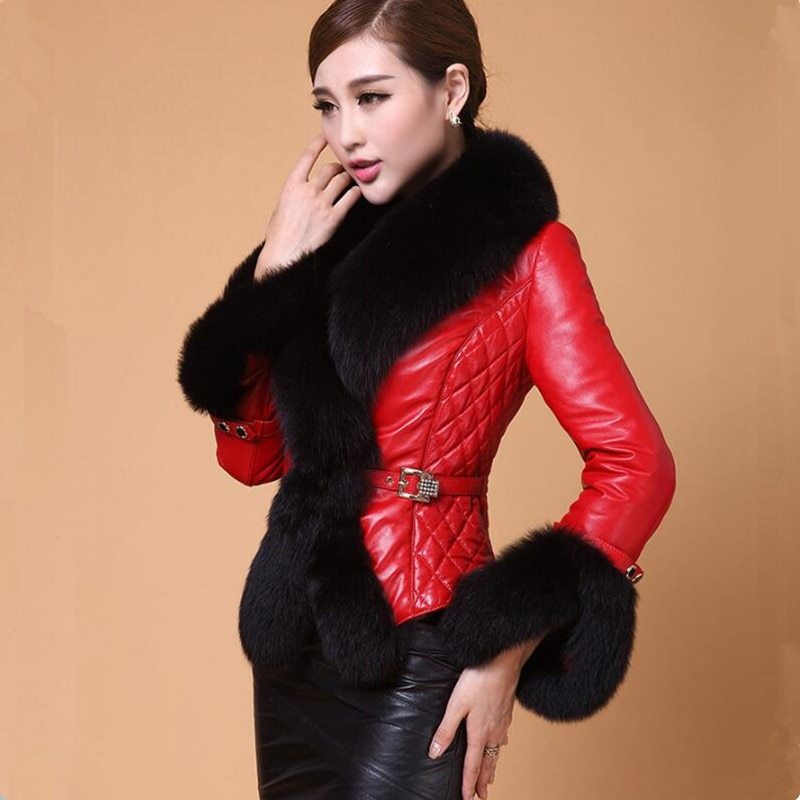 Best-selling Autumn  Winter Jacket Woman Fur Coat Fashion  Fox Fur Collar Women Coat Slim Short PU Leather Coat