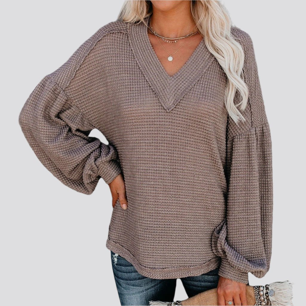 Fashion loose V-neck T-shirt Lantern Sleeve Top