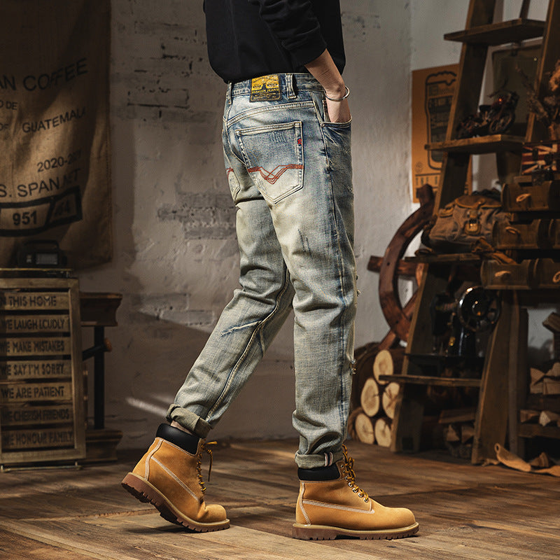 Vintage Distressed Jeans For Men's Slim Fit