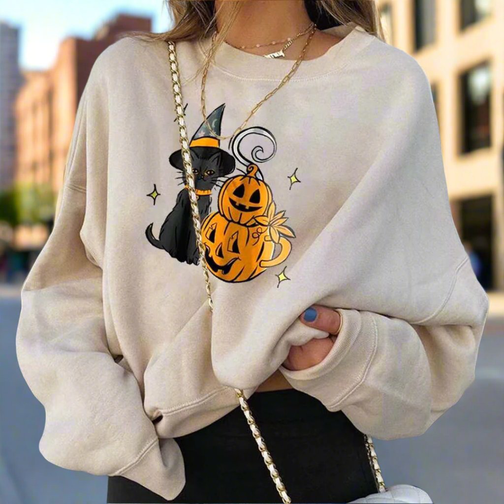 Fashionable Christmas Pumpkin Print Round Neck Long Sleeve