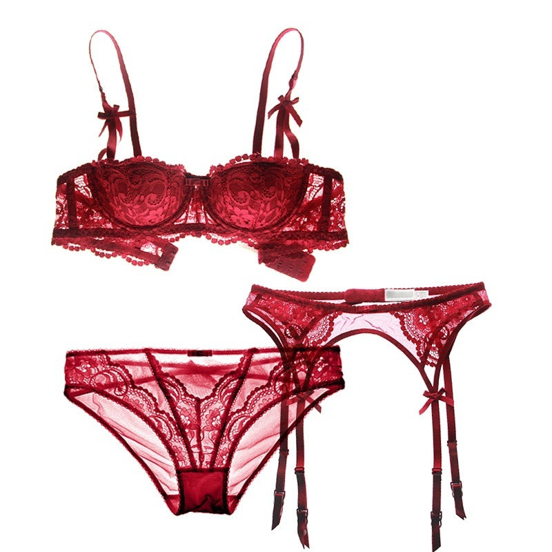 9177 Three-piece Set Sexy Lace Lingerie Push Up Bra Half Cup Garter Bra Set