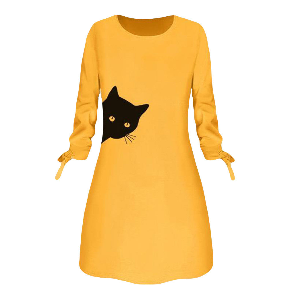 Women Elegant Dress Cat Print Bow O Neck Long Sleeve Party Mini Dresses Casual Ladies Elegant Dress Autumn Spring Dresses