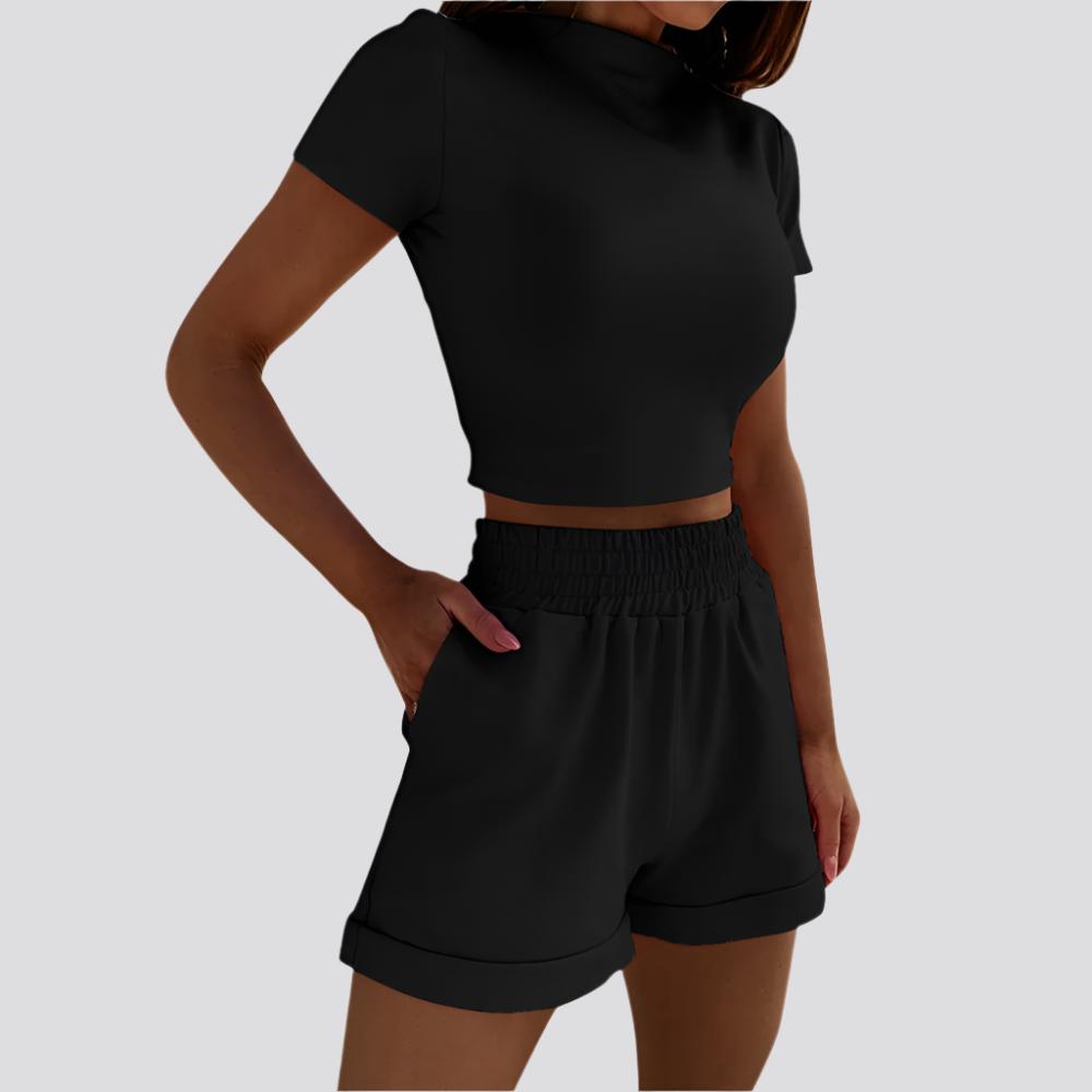 Casual Short Sleeve High Waist Crop Shorts Fashion Set