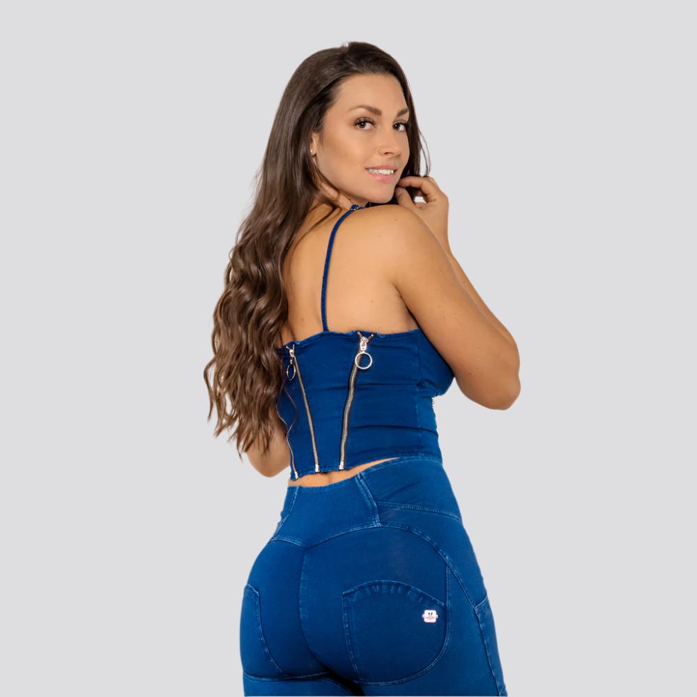 Shascullfites Melody Shapers Dark Blue Denim Camis Zippers Crop Top Women Slim Fit Tops Sleeveless Straps Tank Top