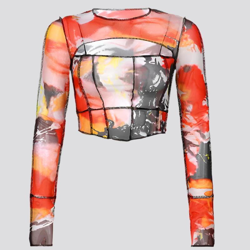 Mesh Short Crop Long Sleeve T-shirt Printed Hollowed Out Top