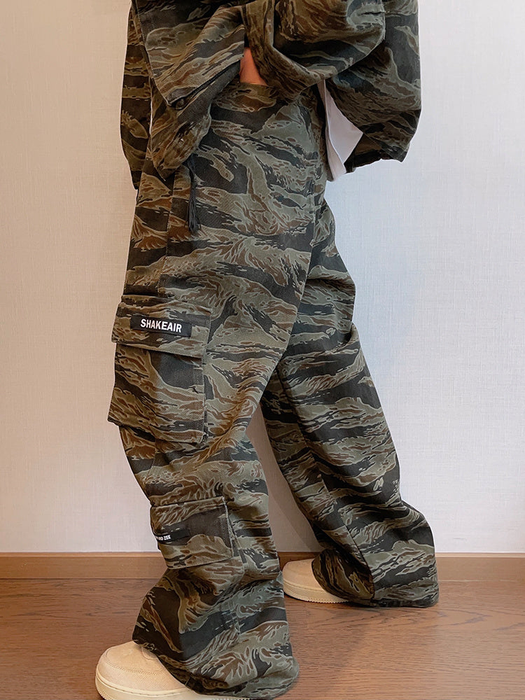 Loose Tiger Pattern Camouflage Pocket Overalls Men Straight-leg Pants