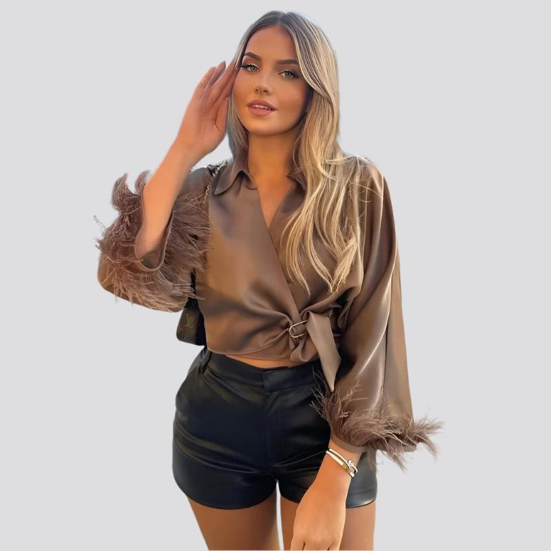 Fashion Women's Wear Cuff Feather Trim Short Silk Satin Shirt