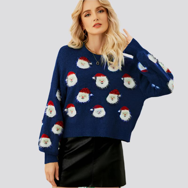 Christmas Sweater Women Cute Cartoon Santa Print Knit Sweater Winter Tops