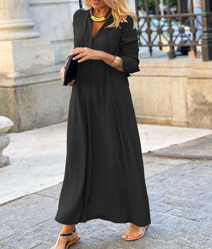 Solid Color Lapel Long Sleeve Simple Casual Long Shirt Dress