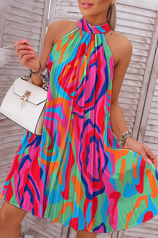 Fashion Printed Neck Sleeveless Backless Short Mini Dress