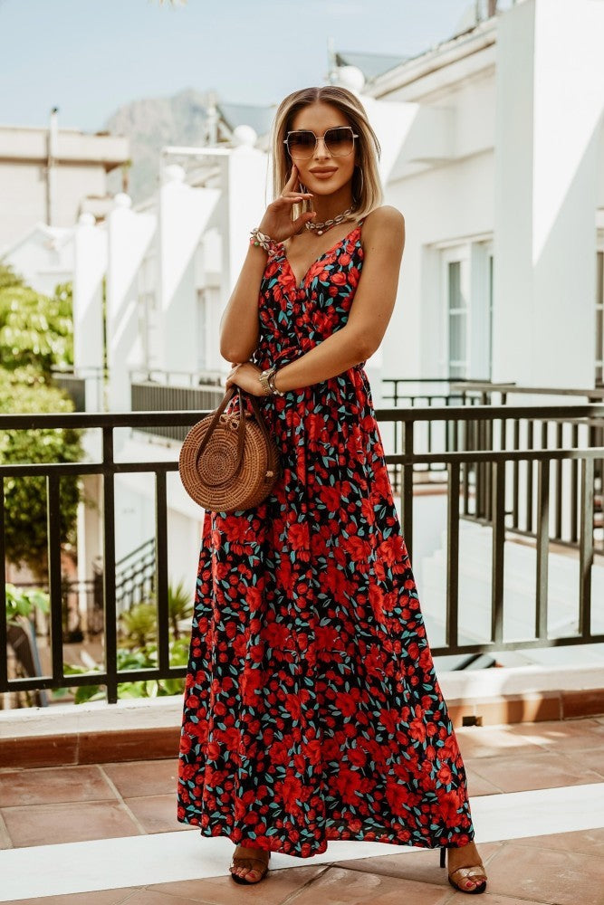 V-neck Sleeveless Suspender Print Boho Maxi Dress