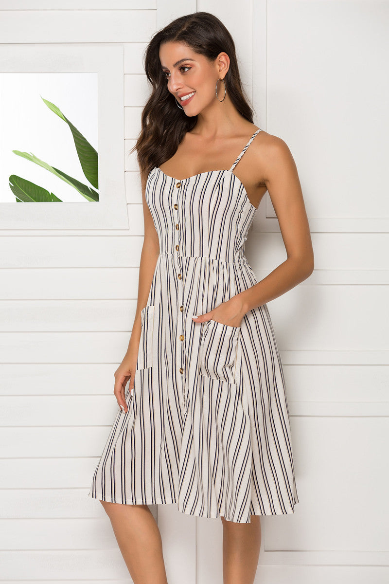 Sexy Dress Midi Button Striped Floral Dress