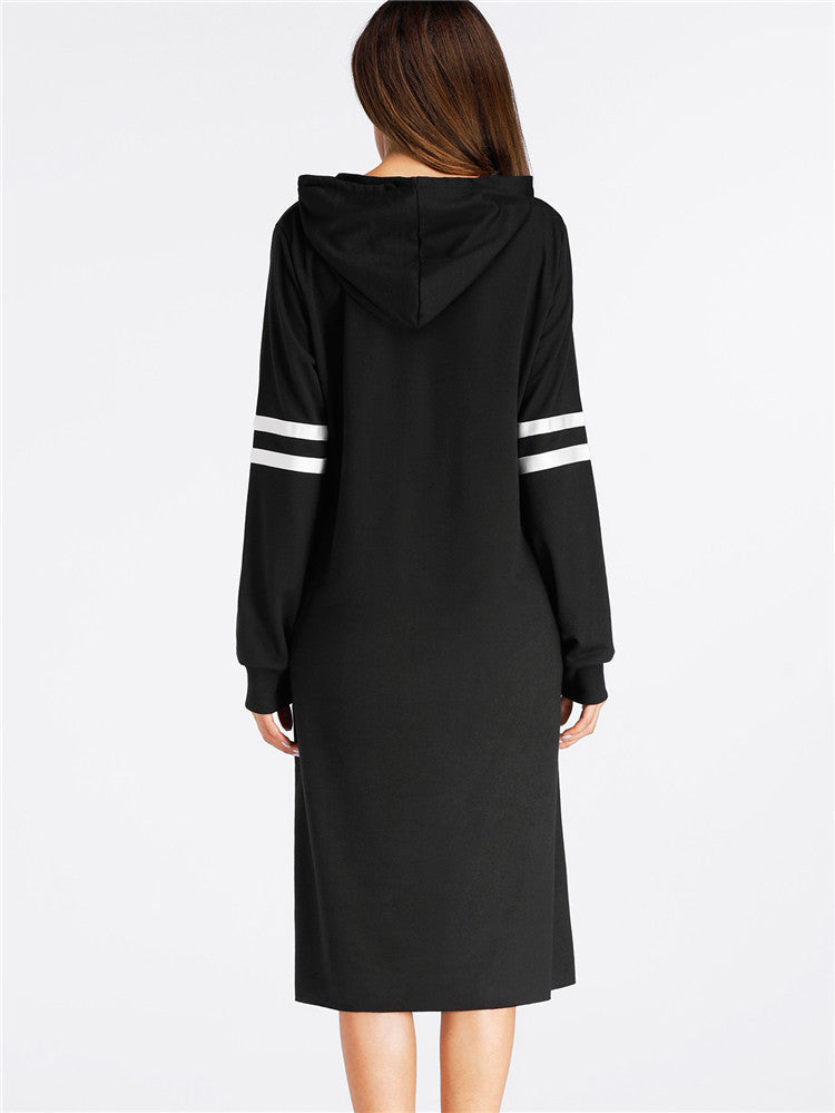 Black Hoodies Dress Women Long Sleeve Striped Casual Tops With Hooded Loose Dresses Spring Autumn Vestidos Pullovers Female