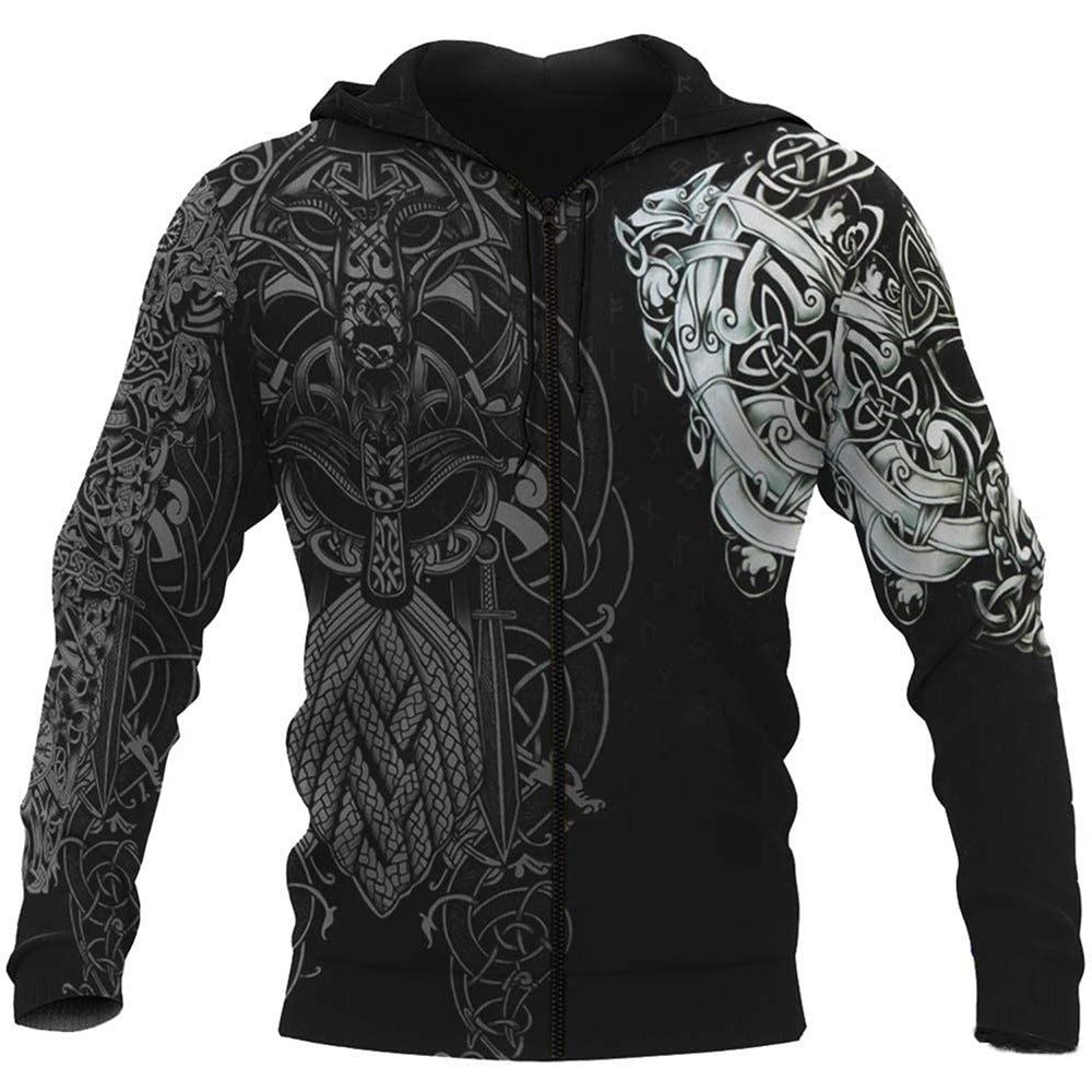 Viking Warrior Tattoo Series Printed Zip Hoodie Sweatshirt