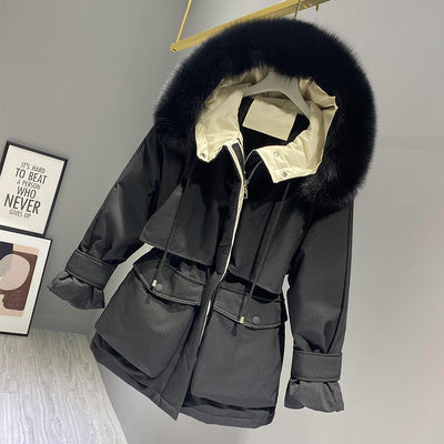 Fashion Hooded Faux Fur Collar Women's Clothing Big Pocket Down Jacket Female Winter Coat Woman