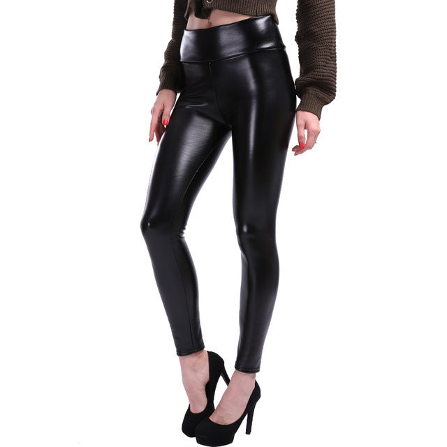 Women Autumn Winter Sexy Elastic Trousers Stretch Black PU Leather Shaper High Waist Leggings