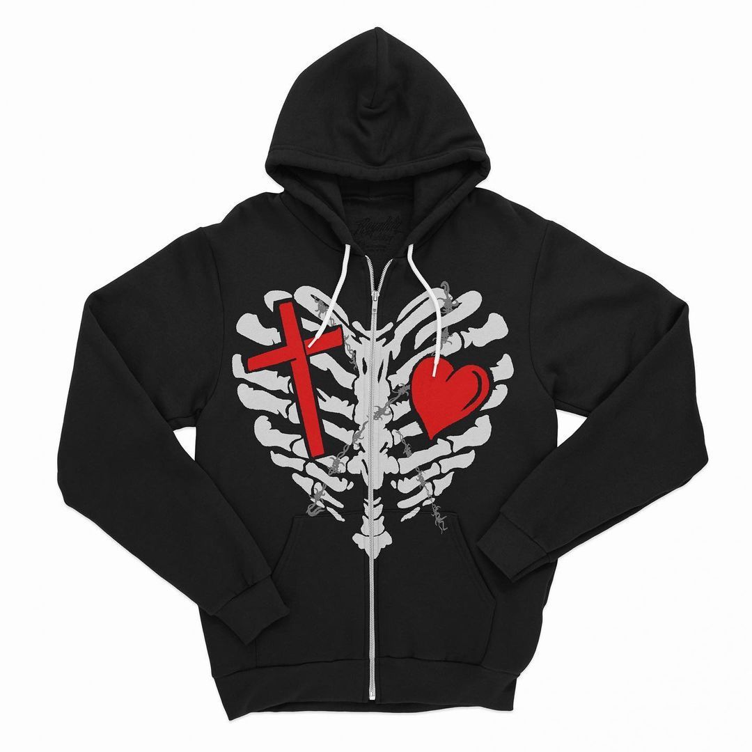 Heart Skull Zip Sweatshirt Plus Fleece Thick Hood