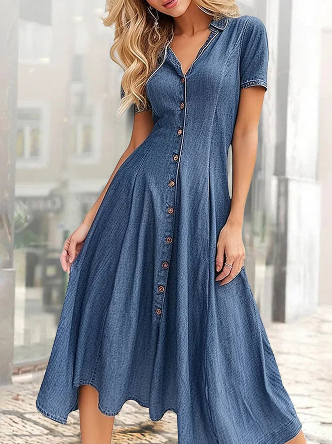 Women's Fashion Casual Short-sleeved V-neck Denim Dress