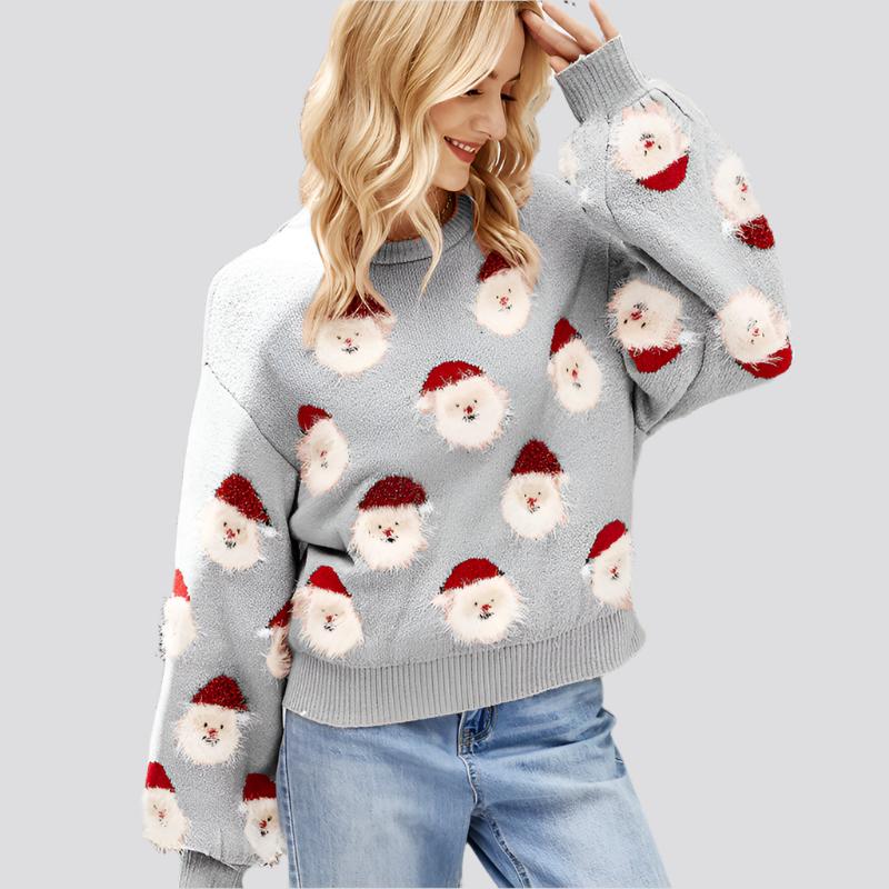 Christmas Sweater Women Cute Cartoon Santa Print Knit Sweater Winter Tops