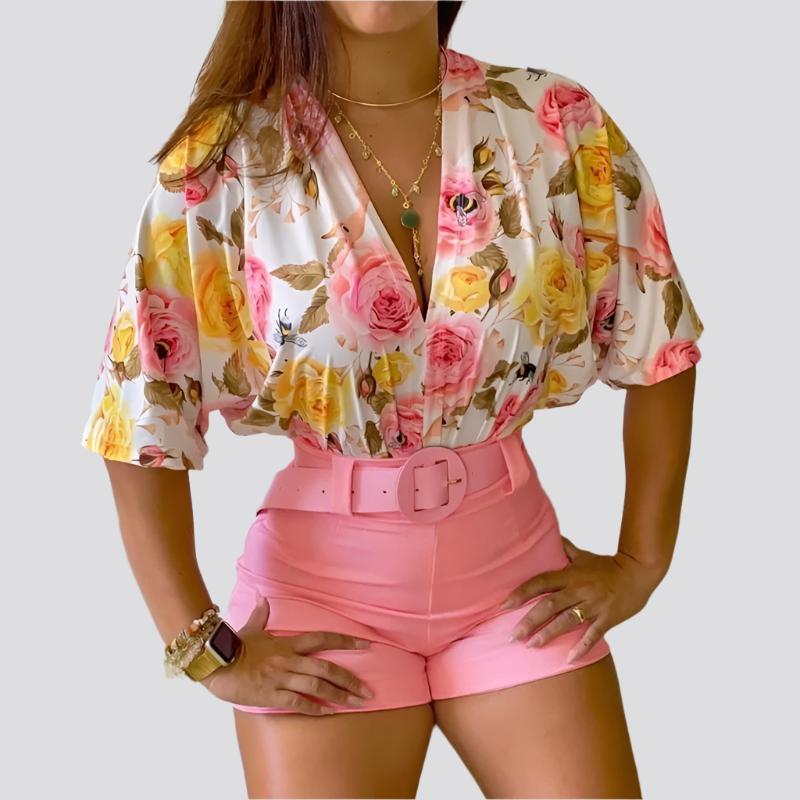 Women 2 Piece Set Spring V Neck Floral Print Half Sleeve Crop Top