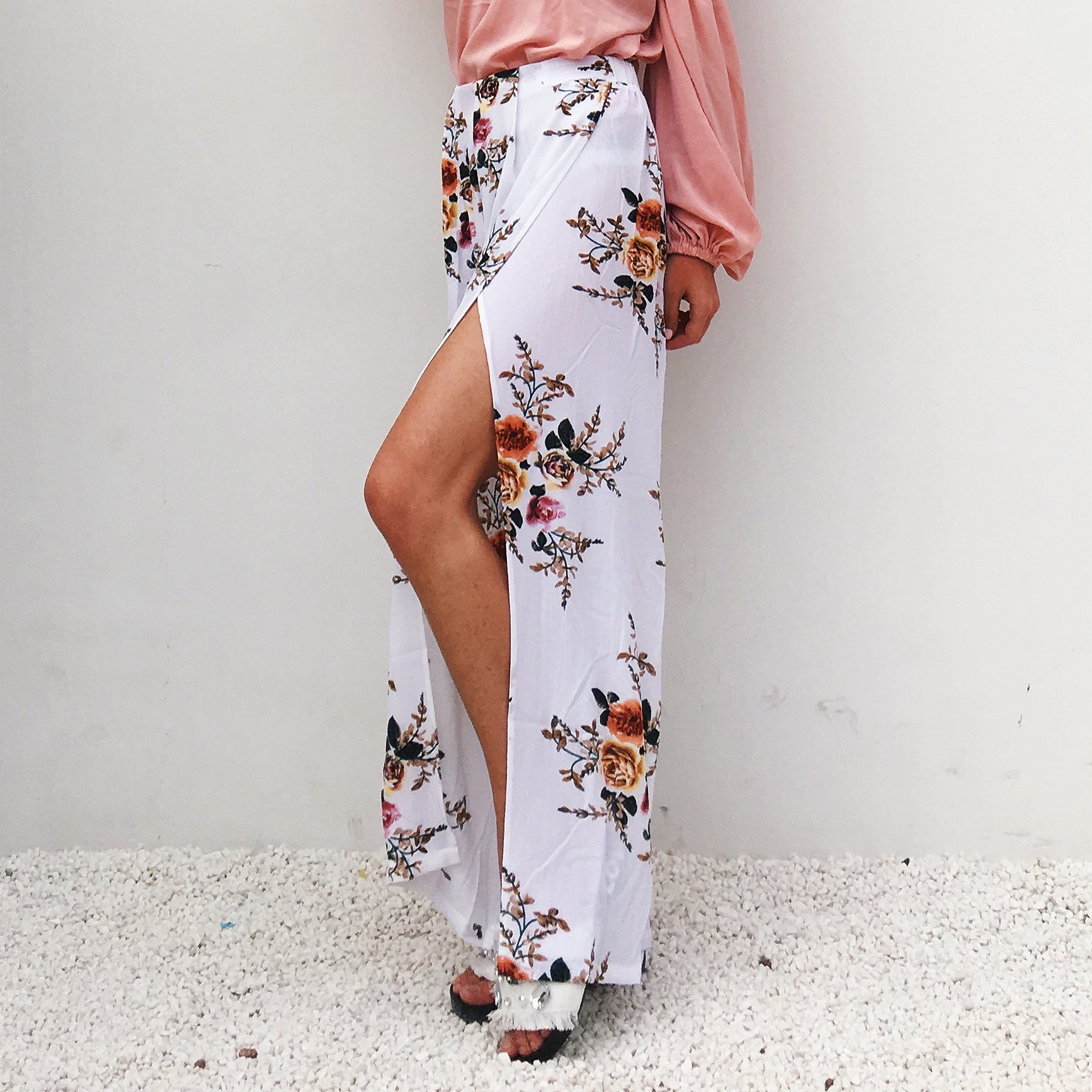 Summer large size women's European and American chiffon printing split loose wide leg pants casual pants