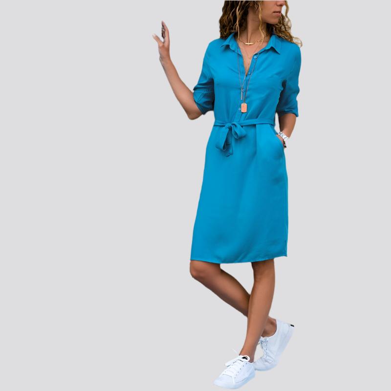 Lapel Collar Solid Color Three-Quarter Sleeve Dress