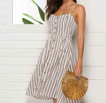 Sexy Dress Midi Button Striped Floral Dress