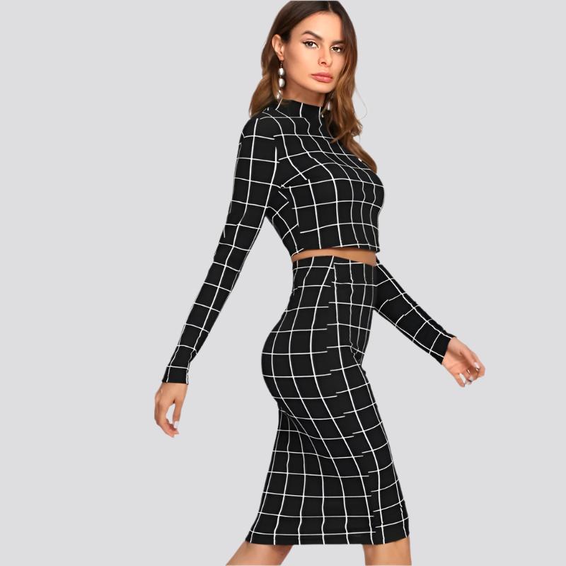 Stand Collar Long Sleeve 2 Piece Set Women Crop Grid Top & Pencil Skirt Co-Ord Ladies Elegant OL Style Twopiece