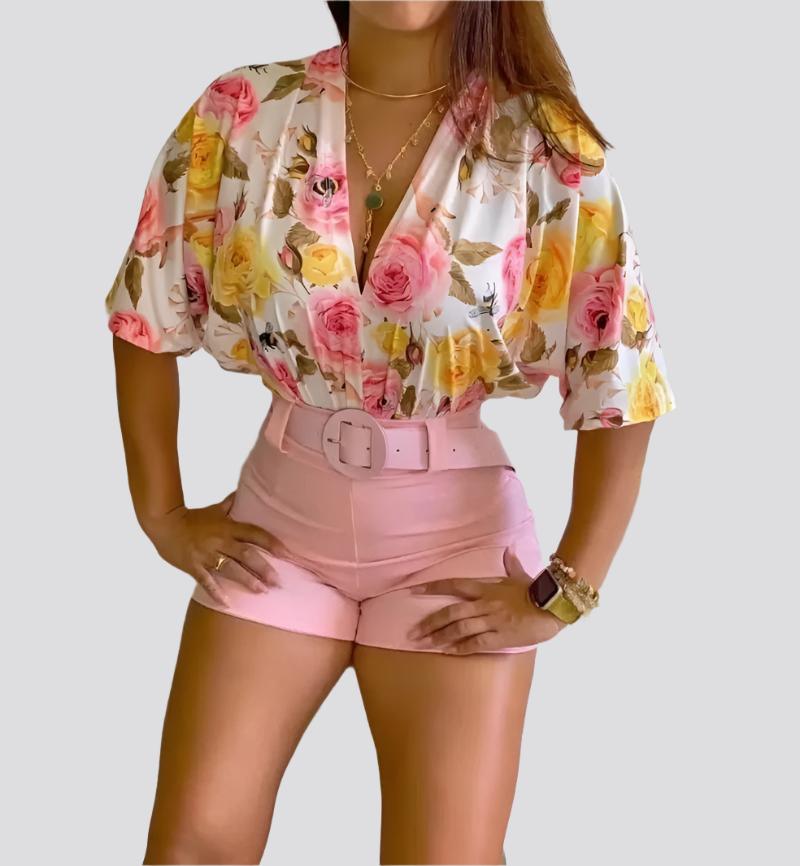 Women 2 Piece Set Spring V Neck Floral Print Half Sleeve Crop Top