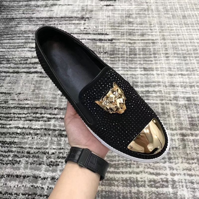 Leather casual loafers with rhinestones