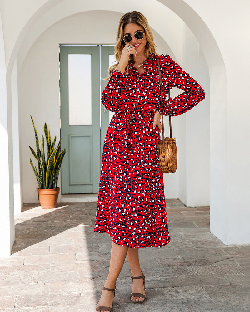 Leopard print long-sleeved midi dress