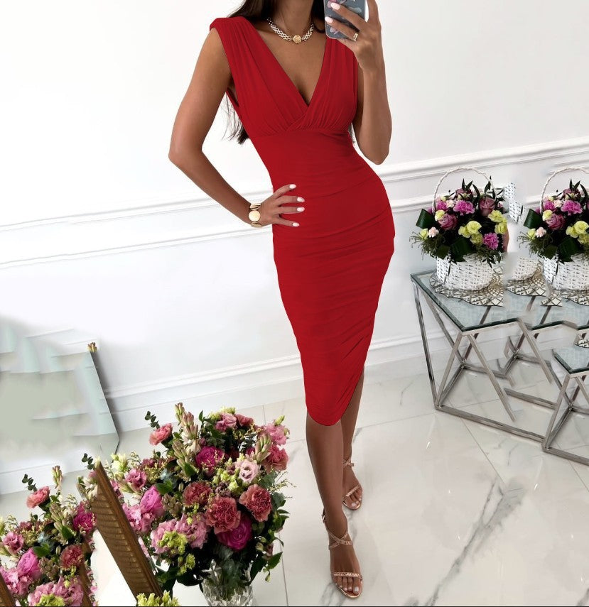 Summer Solid Color Sleeveless V-neck Cinched Bodycon Sheath Dress