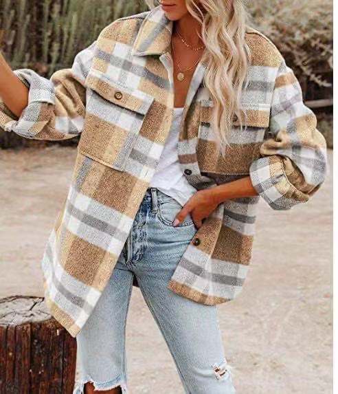 Women's Long-sleeved Loose Plaid Shirt Woolen Jacket