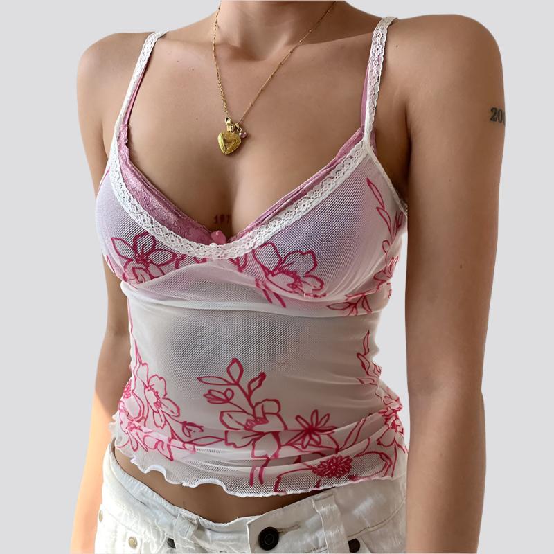 Women's Mesh Plant Print Low-cut Halter Lace Lace Splicing Pure Desire See-through Bottoming Tank Top