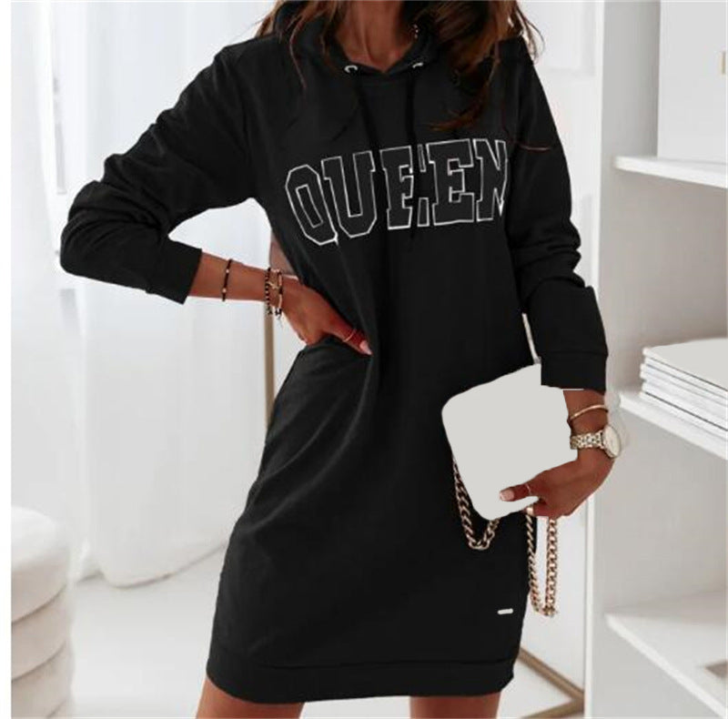 Long Sleeve Hooded Letter Sports Casual Dress