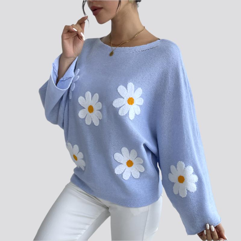 New Loose Bat Sleeve Sweater For Women Tops Embroidered Flower College One-shoulder Sweater