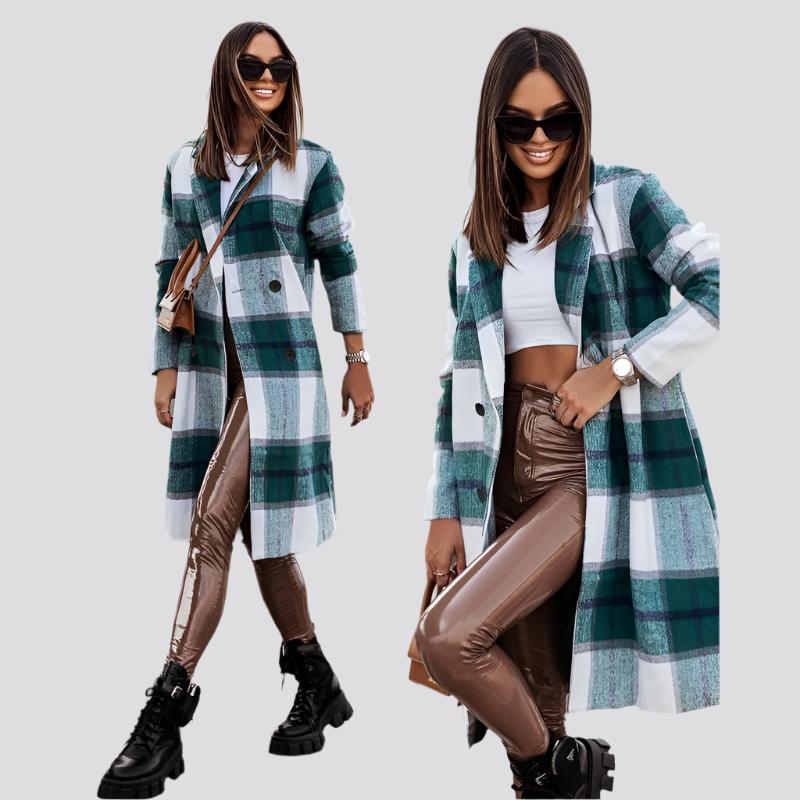 Fashio Women's Mid-length Plaid Print Coat