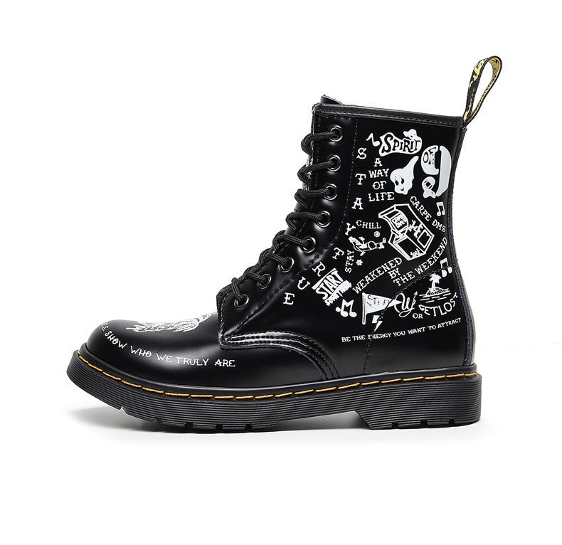 Personalized Hard Leather Skull Boots Men And Women Graffiti Leather Boots Round Head Motorcycle Shoes