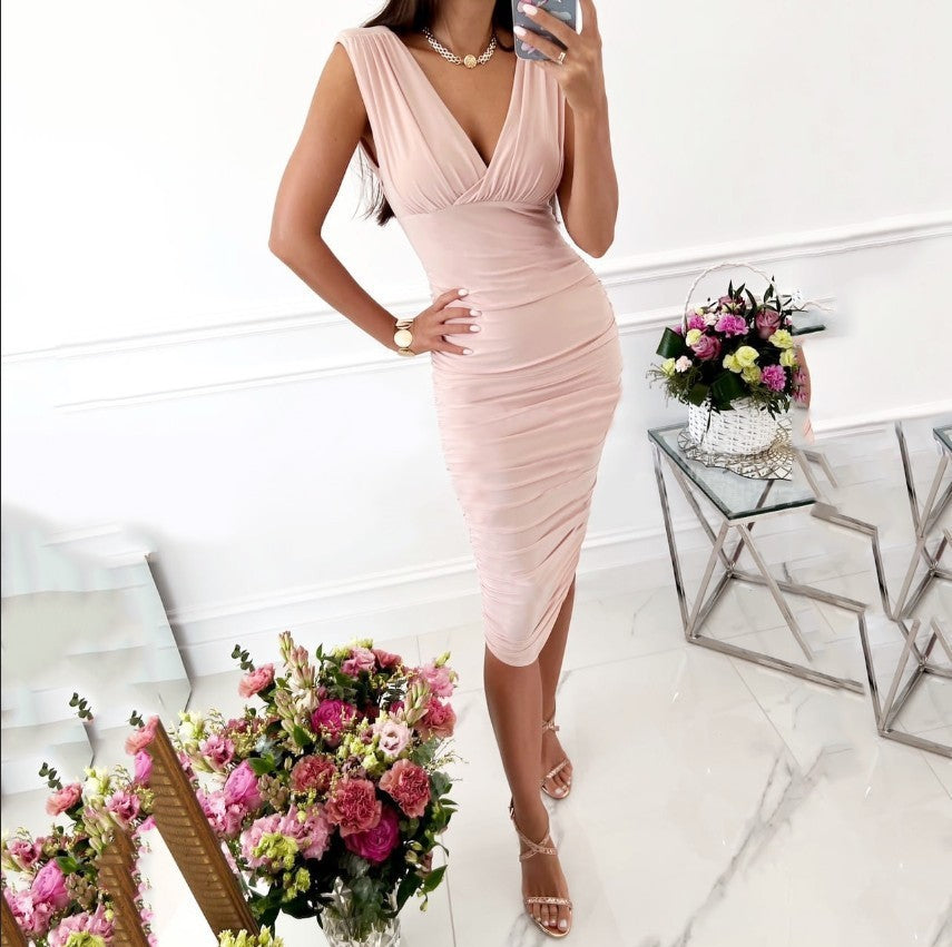 Summer Solid Color Sleeveless V-neck Cinched Bodycon Sheath Dress