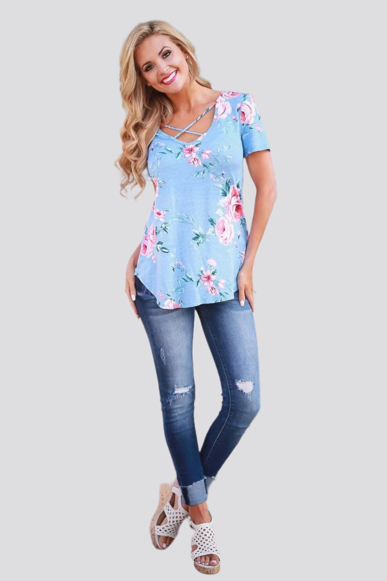 Flower Print Cross Front Short Back Long T-shirt